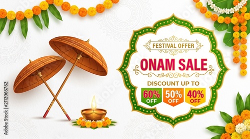 Onam sale promotion banner decorated floral wreath with umbrella. South India Kerala traditional festival discount offer. Vector illustration.