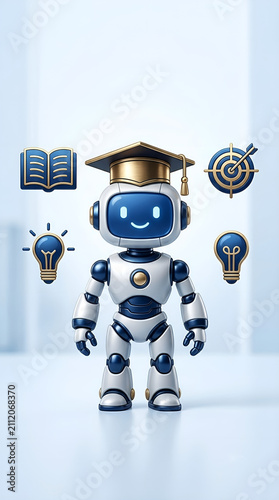 Cute AI Robot Wearing Graduation Cap Surrounded by Floating Educational and Idea Icons