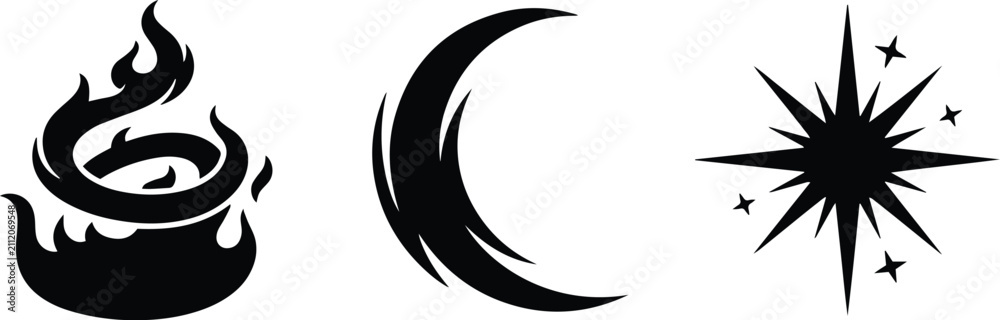 Fototapeta premium Magic Cauldron, Crescent Moon and Compass Star Black Vector Icon Set Isolated on White Background