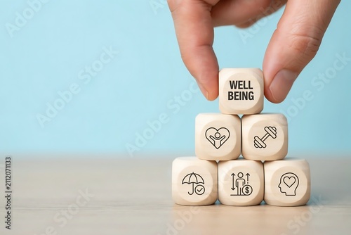 Wooden Cubes Forming a Pyramid Representing Holistic Well-Being and Balance, Wellness, Personal Growth, Mental Health and Sustainable Lifestyle Concept