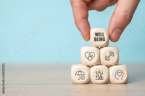 Hand Placing Well-Being Block on Holistic Wellness Pyramid, Health, Work Life Balance, Mental Wellness, Personal Development and Wellbeing Concept