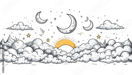 Whimsical black and white illustration of fluffy clouds against a starry night sky with mountains.