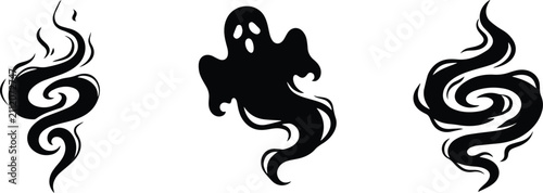 Set of fantasy black vector icons featuring smoke swirls and ghost isolated on white background