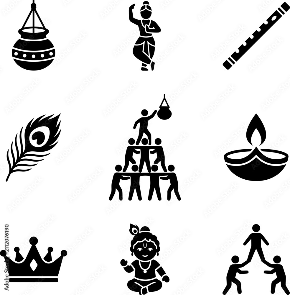Fototapeta premium Collection of Janmashtami Festival Celebration Icon Set.