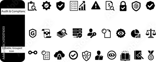 Audit and compliance icon set, corporate regulatory standards symbols, black solid vector icons for business risk management and legal security