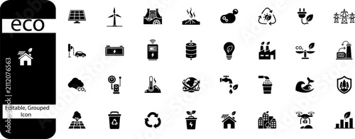 Eco friendly icon set, sustainable energy and green environment vector symbols, black minimalist ecology icons for renewable power and conservation