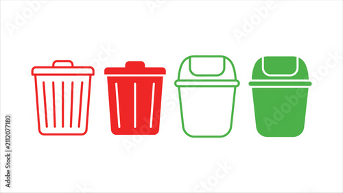 Trash can icons in red and green flat vector illustration on a white background