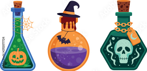 Fotografía Set of three decorative Halloween magic potion bottles with spooky elements like
