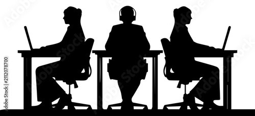 Cuadro en lienzo Black Silhouette of Office Workers Sitting at Desks with Laptops and a Customer