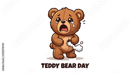 Teddy Bear Crying with Broken Stitching and Flying Stuffing