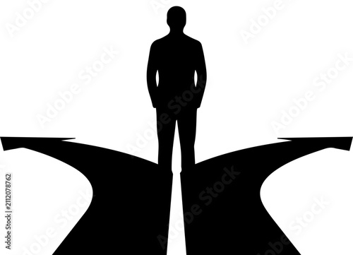 Silhouette of a man standing at a crossroads with arrows pointing in different directions representing decision and choice