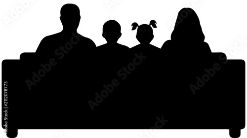 Family of Four Sitting on Couch Silhouette Back View Vector Illustration