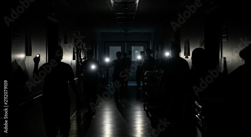 Mysterious group of explorers using flashlights to navigate a dark and eerie abandoned corridor