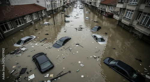 High angle view of a flooded city street with submerged cars and floating debris during a natural disaster