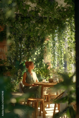 Woman sitting at a wooden table in a lush green cafe, surrounded by hanging plants and natural light, enjoying a peaceful moment with a cup of tea and a book