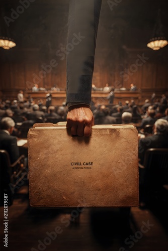 Hand holding heavy file labeled 'Civil Case' in busy court registry, surrounded by people, conveying a sense of backlog and urgency in legal proceedings