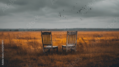 Two Empty Chairs in Field Solitude Concept