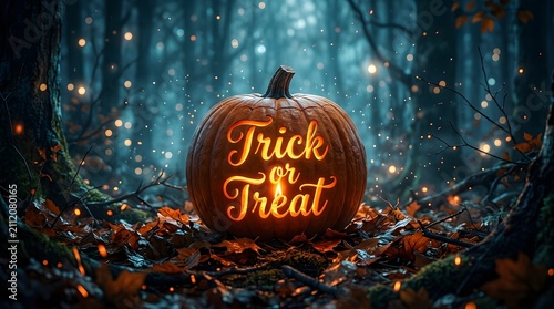 A glowing carved pumpkin with trick or treat text in a magical forest for a happy halloween celebration