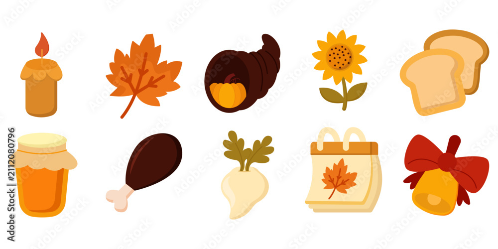 Fototapeta premium Collection of Thanksgiving harvest illustrations featuring candle, honey, chicken leg, sunflower, bread, pumpkin, maple leaf, and gift basket, vector illustration