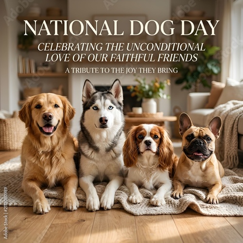 Four happy dogs sitting together indoors