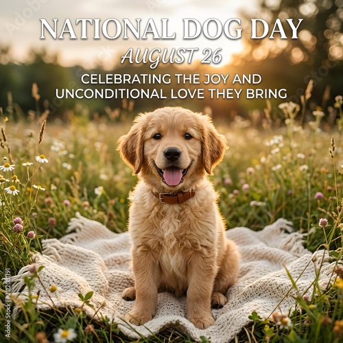 Happy golden puppy sitting in grassy field