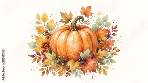 Watercolor illustration of a pumpkin surrounded by autumn leaves for a festive happy halloween seasonal greeting card