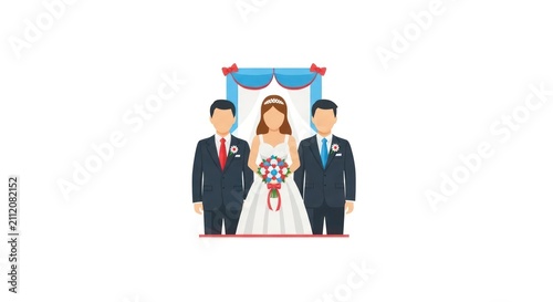 Wedding couple with two groomsmen standing.