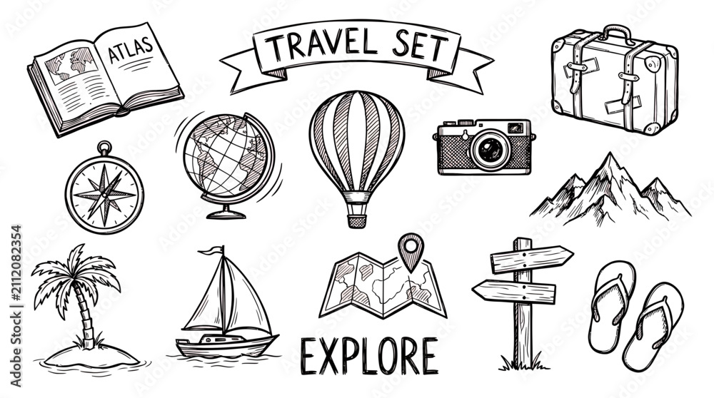 Obraz premium Hand drawn travel set elements vector line art sketch of suitcase camera compass globe map and balloon, symbolizing vacation planning and global adventure tourism