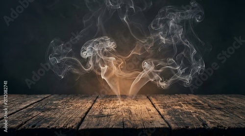 Empty rustic wooden table with mysterious smoke for a spooky happy halloween background and product display