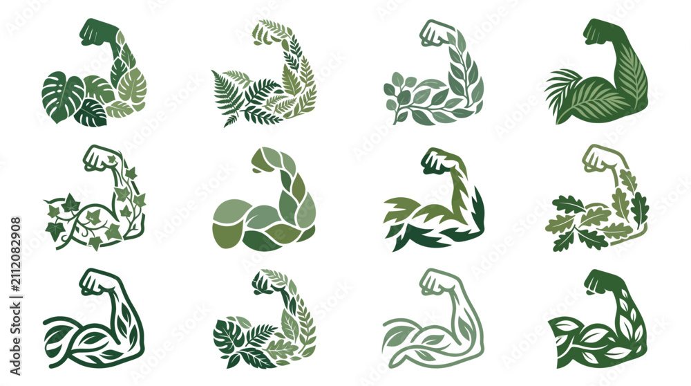 Fototapeta premium Green Leafy Arm Muscles Illustration Set.