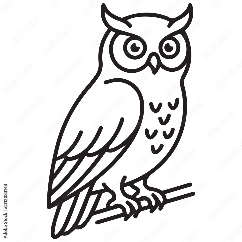 Obraz premium Stylized owl sitting on a tree branch line art icon illustration with bird of prey wildlife nocturnal