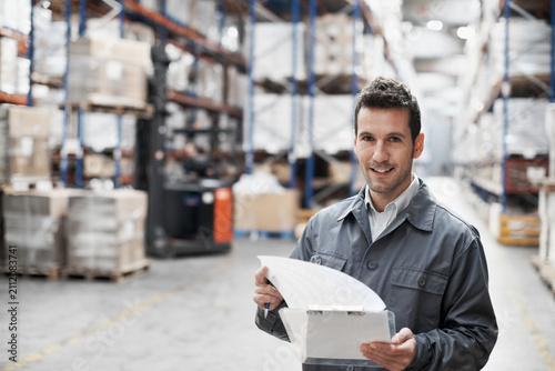 Photography Logistics, man and paperwork in warehouse portrait for receiving log, cycle count or supply chain