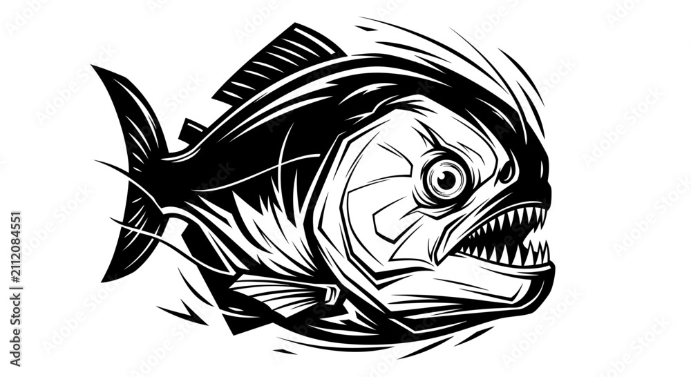 Obraz premium Aggressive Piranha Fish Illustration, Dangerous Predator, Fierce Aquatic Animal