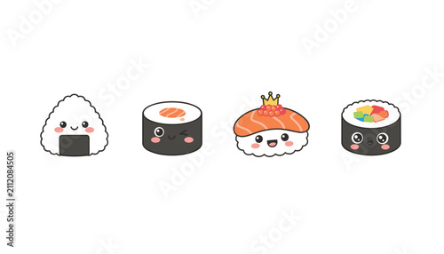 Cute cartoon sushi character set featuring onigiri, maki, nigiri, and futomaki rolls with happy smiling faces on white background.