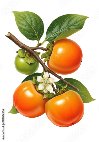 vintage botanical illustration of persimmon branch with bright orange fruits