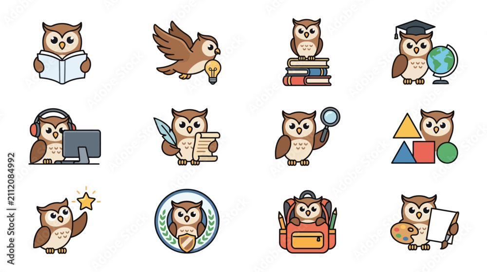 Fototapeta premium Cartoon Owls in Various Professional and Educational Roles.