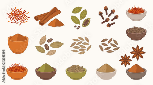 Fotografie Collection of Various Aromatic Arab Spices and Seasonings in Vector Graphic Styl
