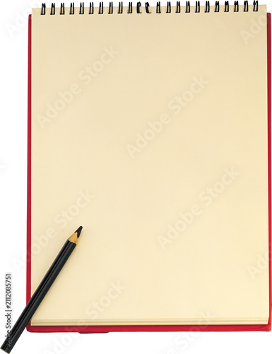 Blank notebook with copy space and black pencil isolated on white background