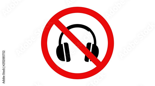 A clear prohibition sign indicating no headphones allowed, often used in quiet zones.