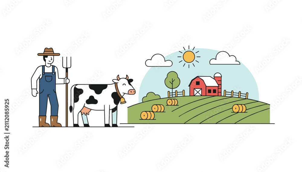 Fototapeta premium Farmer holding a pitchfork standing next to a dairy cow with a scenic countryside pasture and red barn in the background.