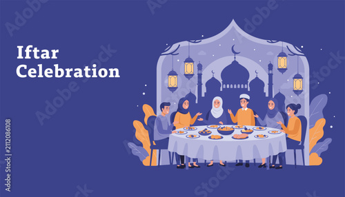 Muslim family gathered around a dining table for an Iftar celebration with delicious food in front of a mosque during Ramadan.