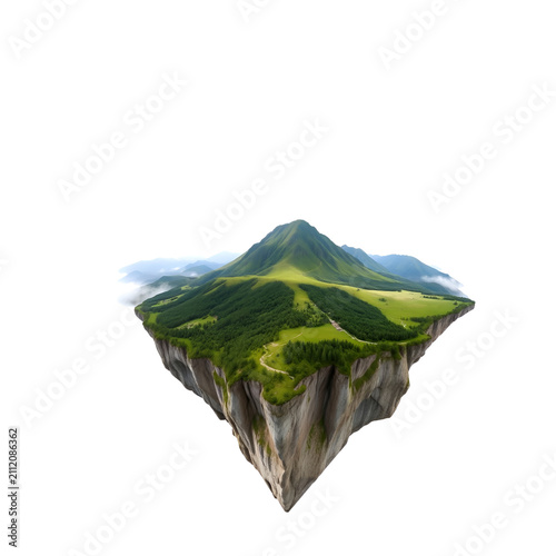 Floating Pyramid Mountain Peak with Lush Green Landscape in Minimalist Style