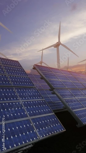 Harnessing renewable energy at sunrise with solar panels and wind turbines in a seamless loop of maintenance workers at work in a vibrant 3D environment