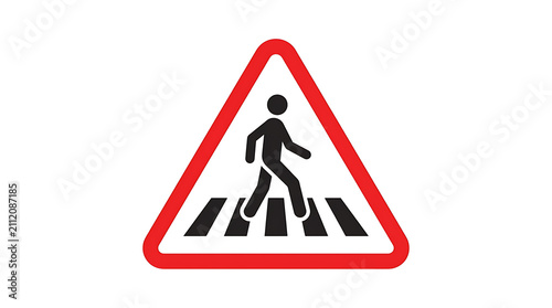 Pedestrian crossing warning sign with a red border and a black silhouette of a person walking on stripes.