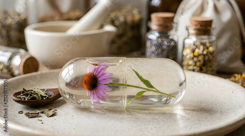 Herbal supplement capsule with dried flowers and botanicals. Natural wellness product featuring organic ingredients in clear gel pill.