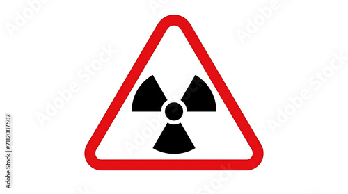 A clear warning sign indicating the presence of radiation, featuring the universal symbol for radioactivity within a red triangle.