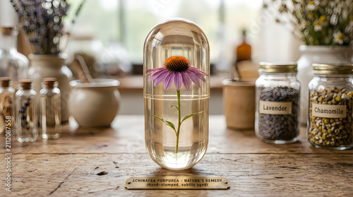Herbal supplement capsule with purple flower inside glass vial. Natural botanical extract in clear gel pill for wellness and health products.