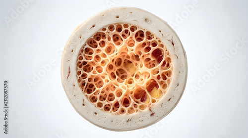 Human bone cross section showing spongy tissue. Microscopic view of trabecular bone structure.