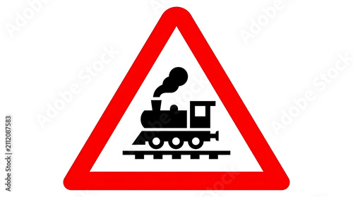 Red triangular warning sign indicating a railway crossing with a steam train symbol.
