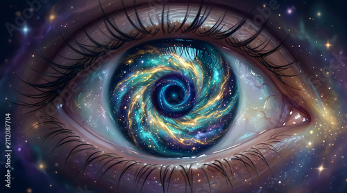 Human eye with a galaxy iris. Cosmic vision concept with a swirling nebula inside the pupil.